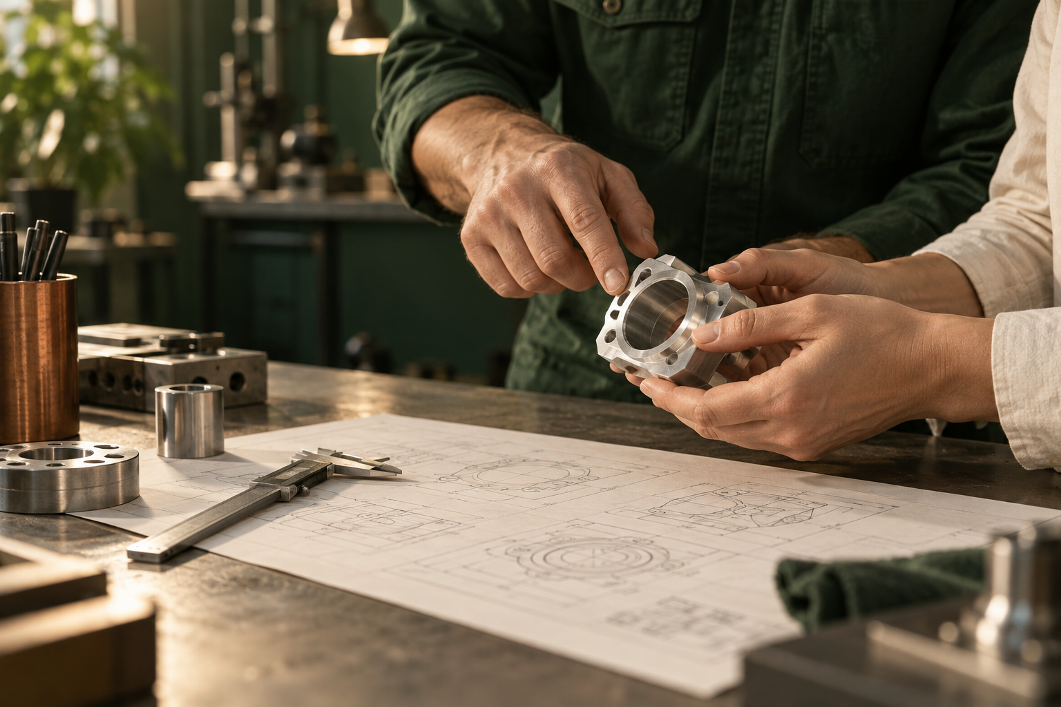 Conceptual image of hands examining a technical component and drawings